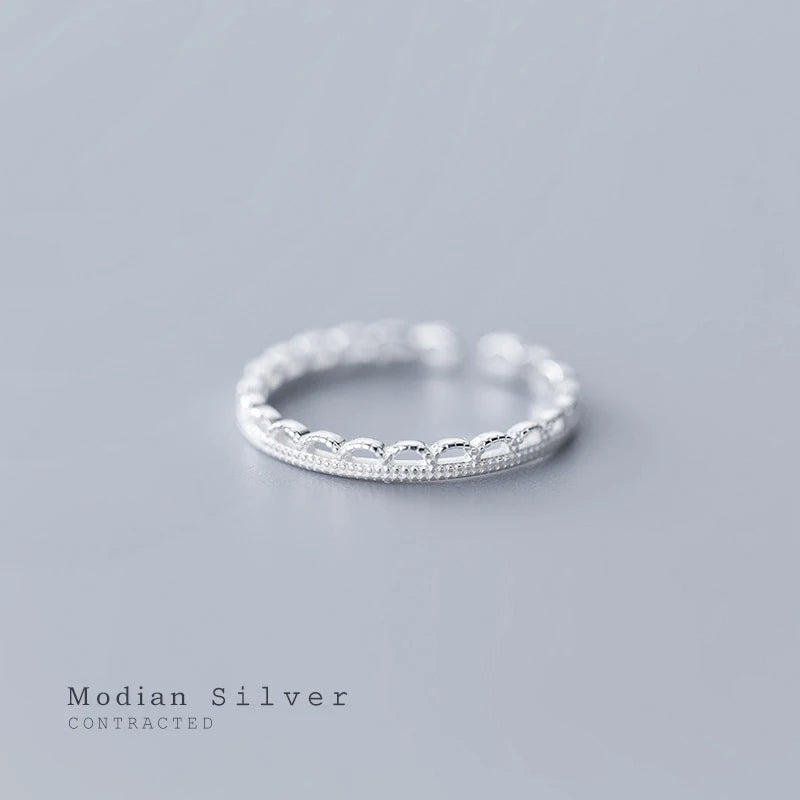 Anillo Modian de plata de ley 925 auténtica con diseño de encaje geométrico ondulado para mujer, talla única, joyería fina.
