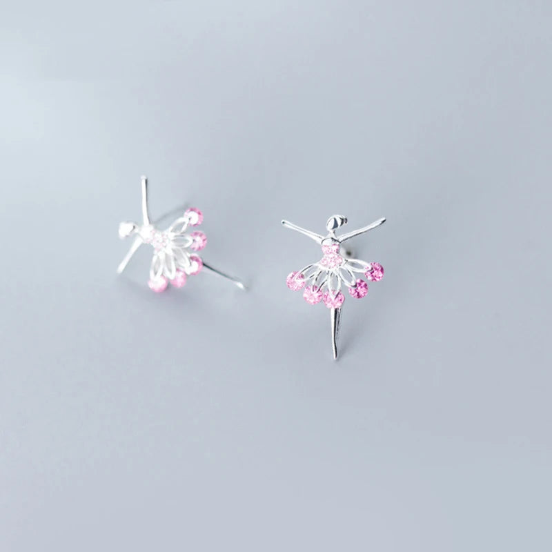 MODIAN - Pendientes de botón con diseño de hada de ballet y cristal rosa para mujer, plata de ley 925, joyería fina