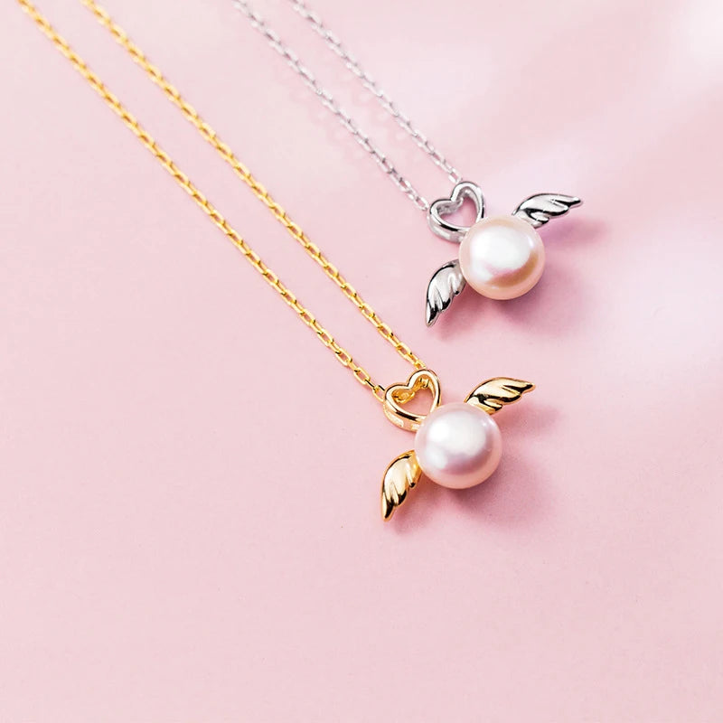 Colgante elegante de alas de ángel de plata de ley 925 con forma de corazón y perla natural de Modian para mujer, joyería fina.