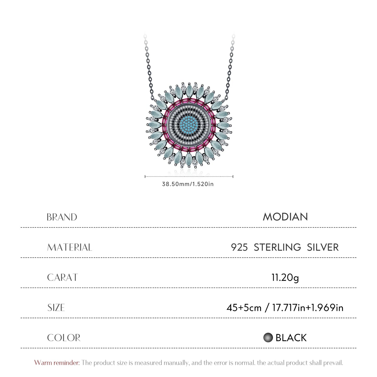MODIAN 925 Sterling Silver Luxury Round Colorful Big Pendant Necklace Classic Black Mosaic Style Jewelry For Women Gifts