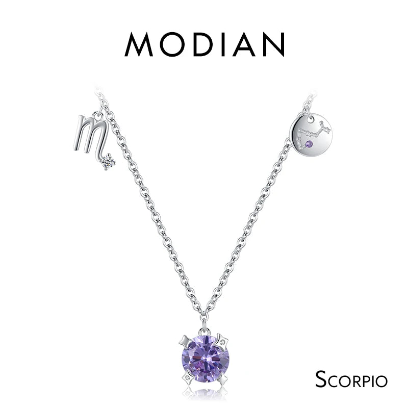 Collar con colgante Modian de plata de ley 925 con circonita arcoíris y piedra de nacimiento de Escorpio, símbolo del signo del zodiaco, para mujer, joyería fina.