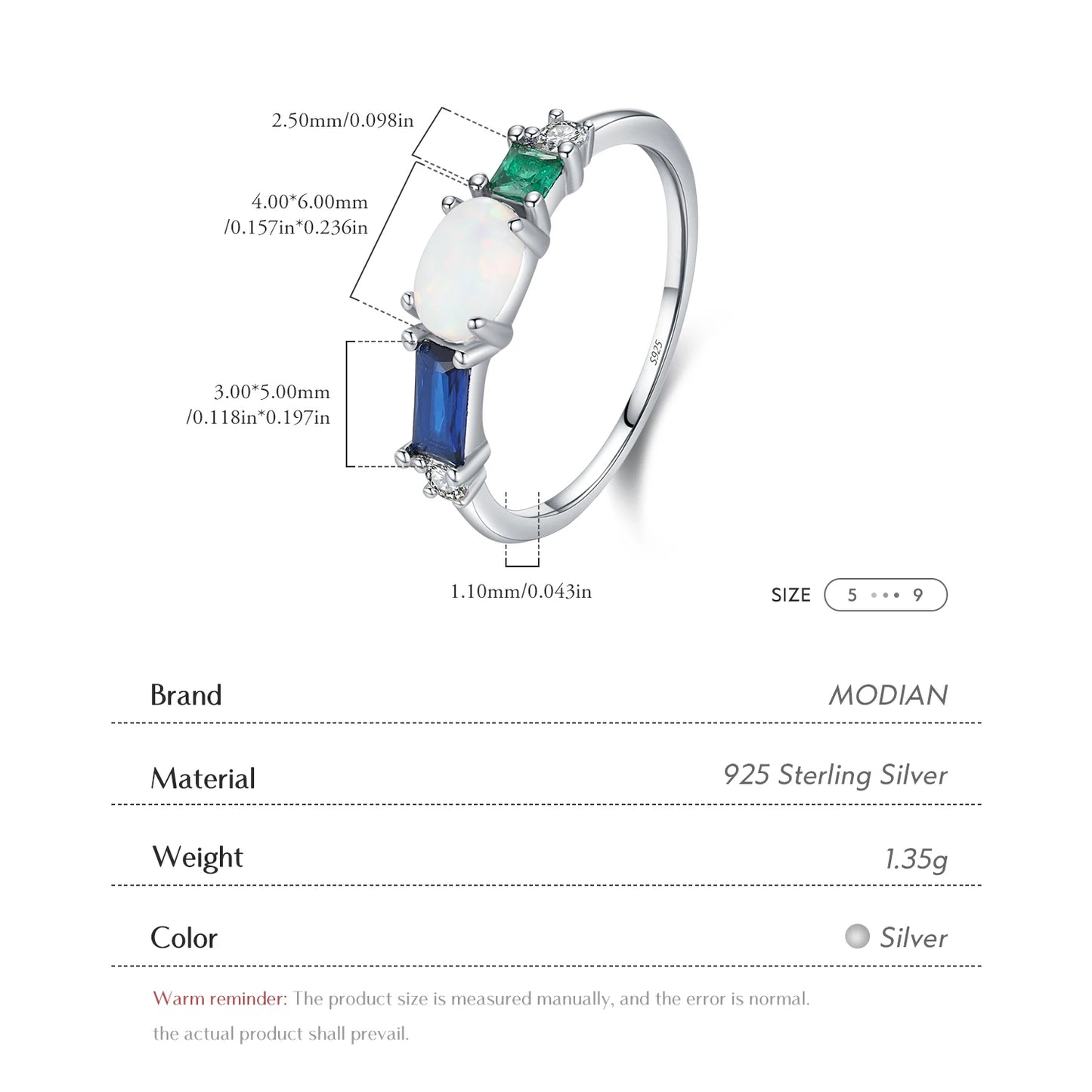 Anillo de lujo MODIAN de plata de ley 925 con ópalo y circonitas de colores, chapado en platino, apilable, moderno, para mujer