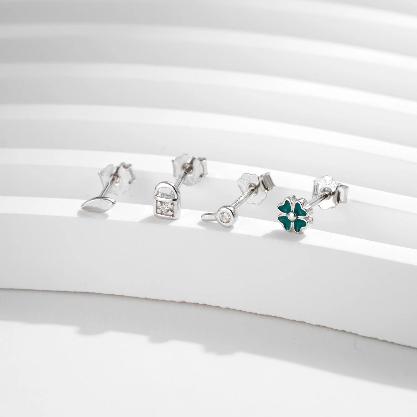 MODIAN 4PCS Tiny Earrings 925 Sterling Silver Lock & Key And Four Leaf Clover Fashion Stackable Stud Earrings For Women Jewelry