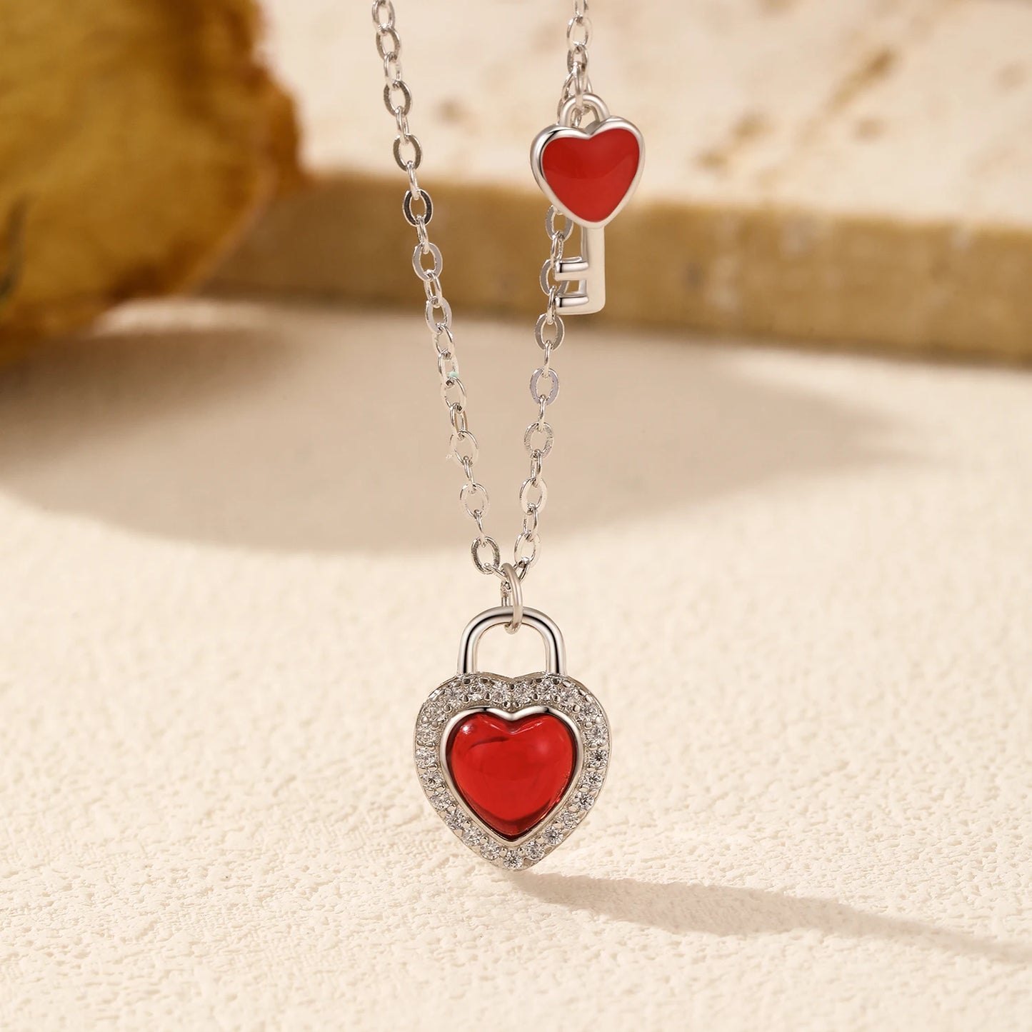 MODIAN Romantic Heart Lock Key Necklace 925 Sterling Silver Red Zirconia Link Chain Pendant Necklace For Women Fine Jewelry