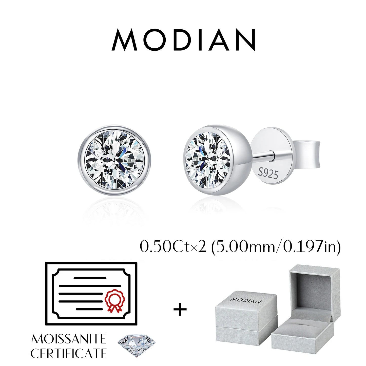 Pendientes MODIAN de moissanita con bisel de color D de 1CT/2CT, plata de ley 925, redondos y clásicos, para mujer, joyería fina para bodas.