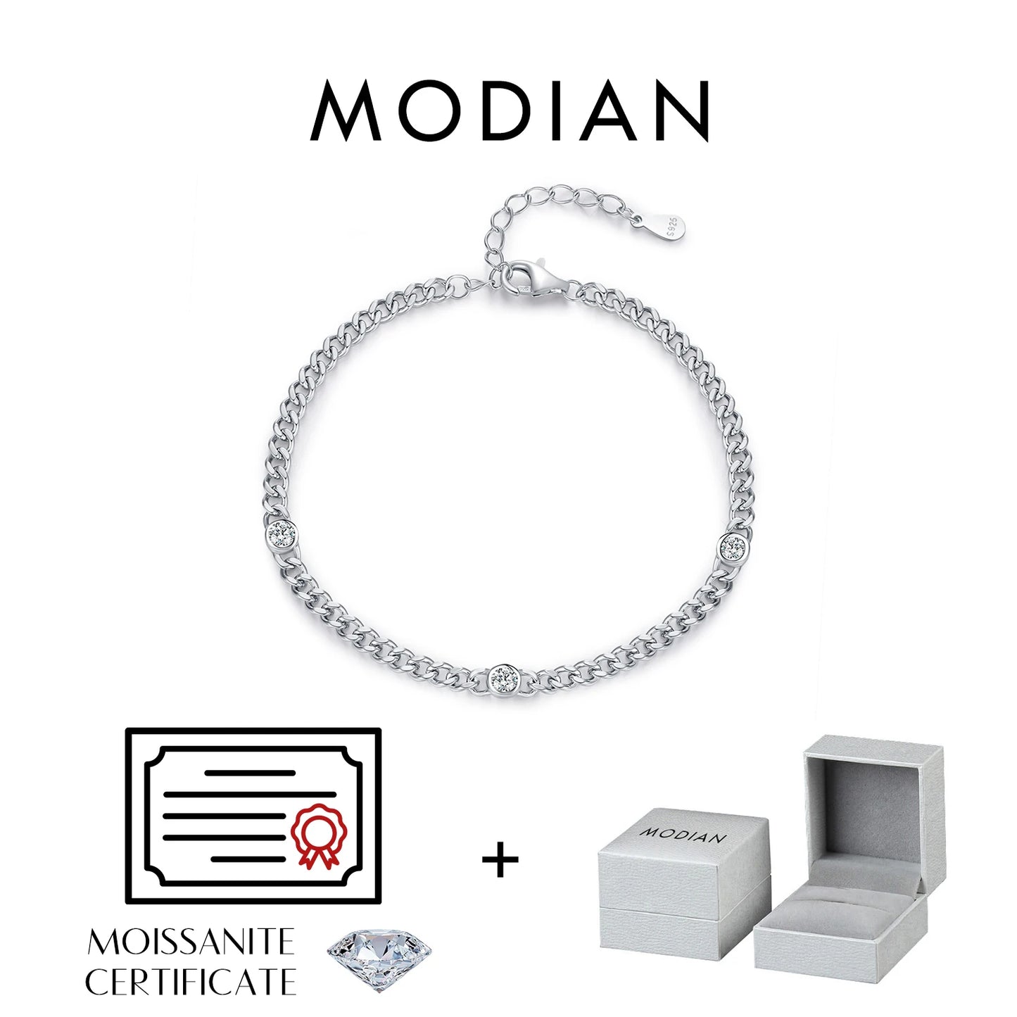 Pulsera trenzada de moissanita redonda de color D chapada en oro blanco MODIAN, plata de ley 925 VVS1, delicada joyería ajustable, regalos
