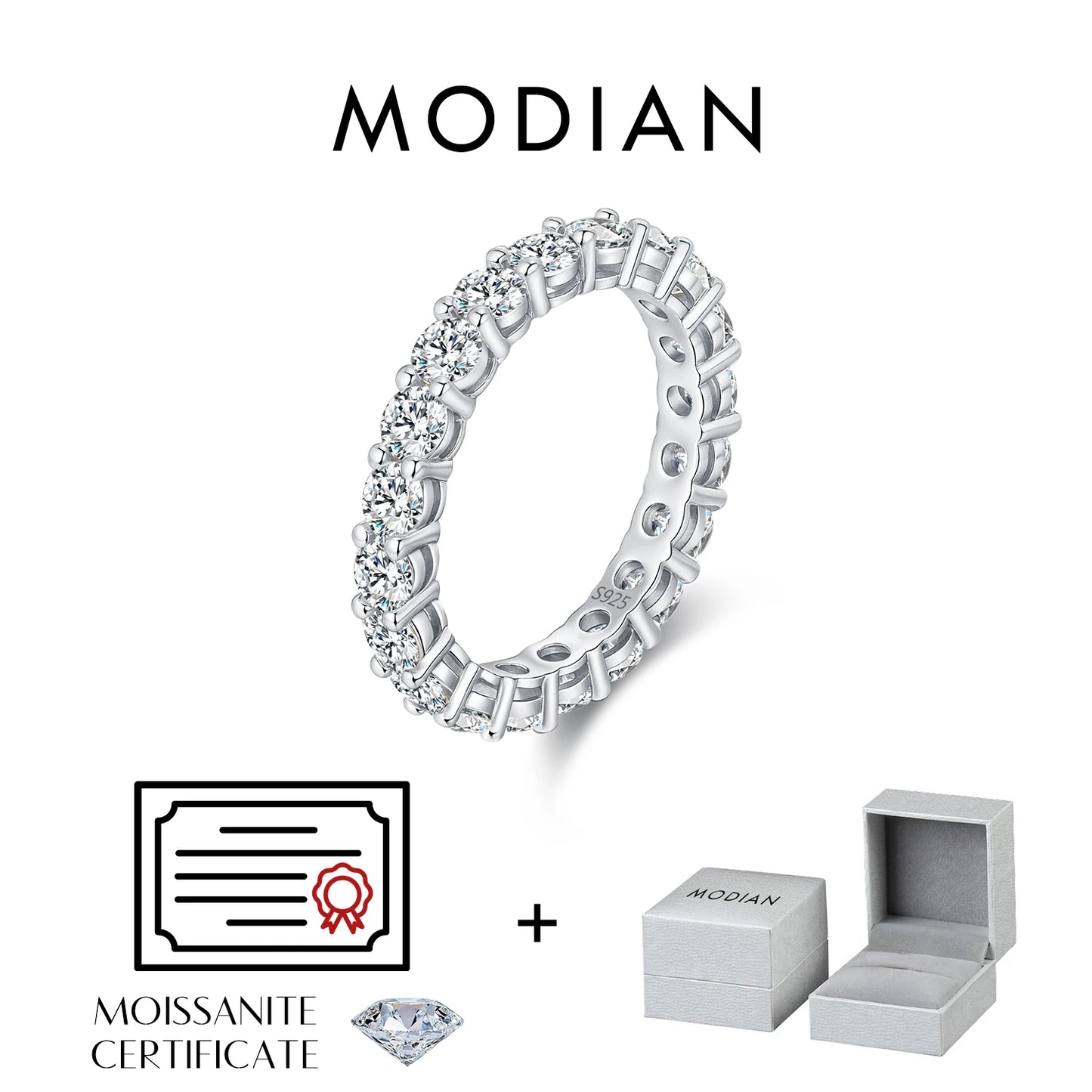 Anillo de eternidad de moissanita de color D de MODIAN, anillo de moda apilable de lujo de plata de ley 925 para mujer, joyería fina