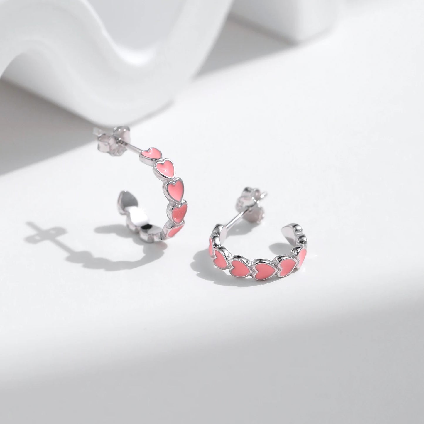 Pendientes MODIAN de plata de ley 925 con forma de C y corazones románticos, esmalte rosa, joyería de amor para mujeres y niñas.