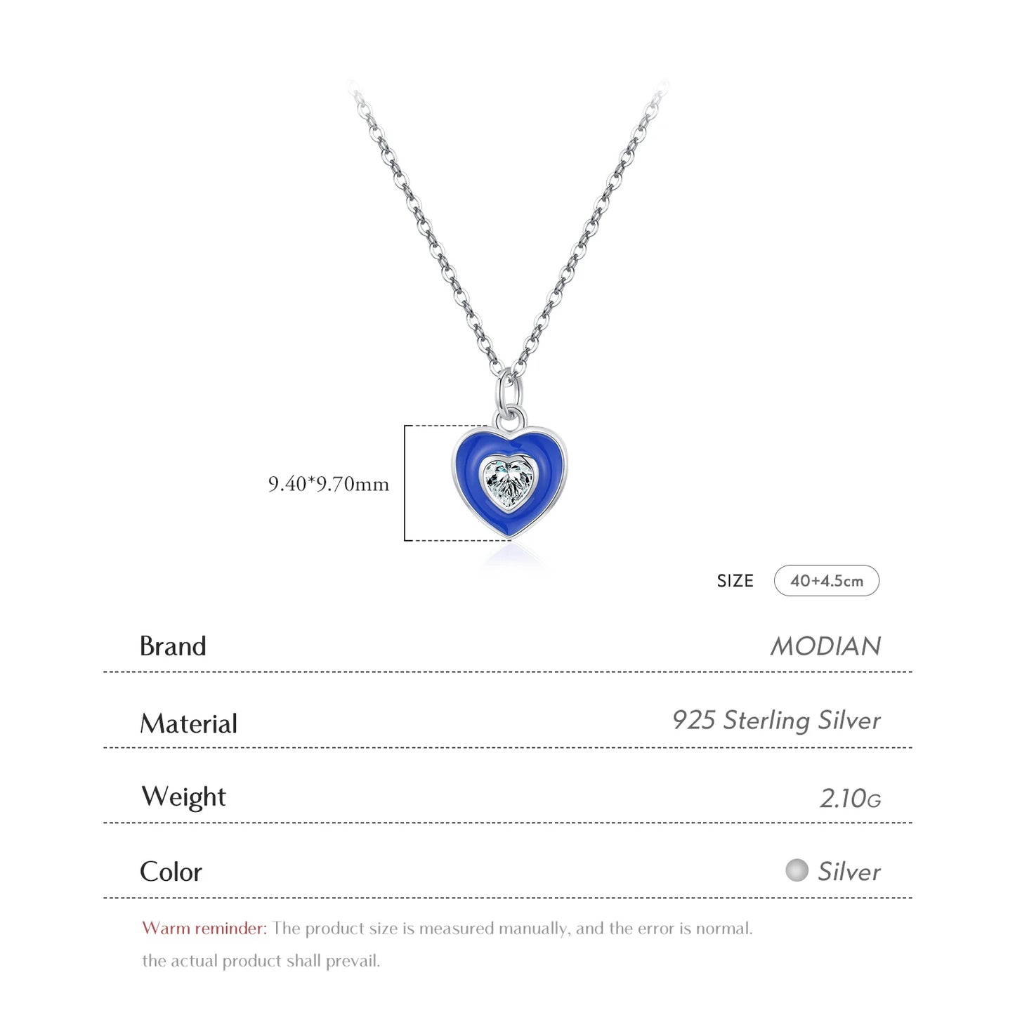 MODIAN 925 Sterling Silver Romantic Heart Klein Blue Enamel Pendant Necklace Shiny CZ Chain Neck For Women Fine Jewelry