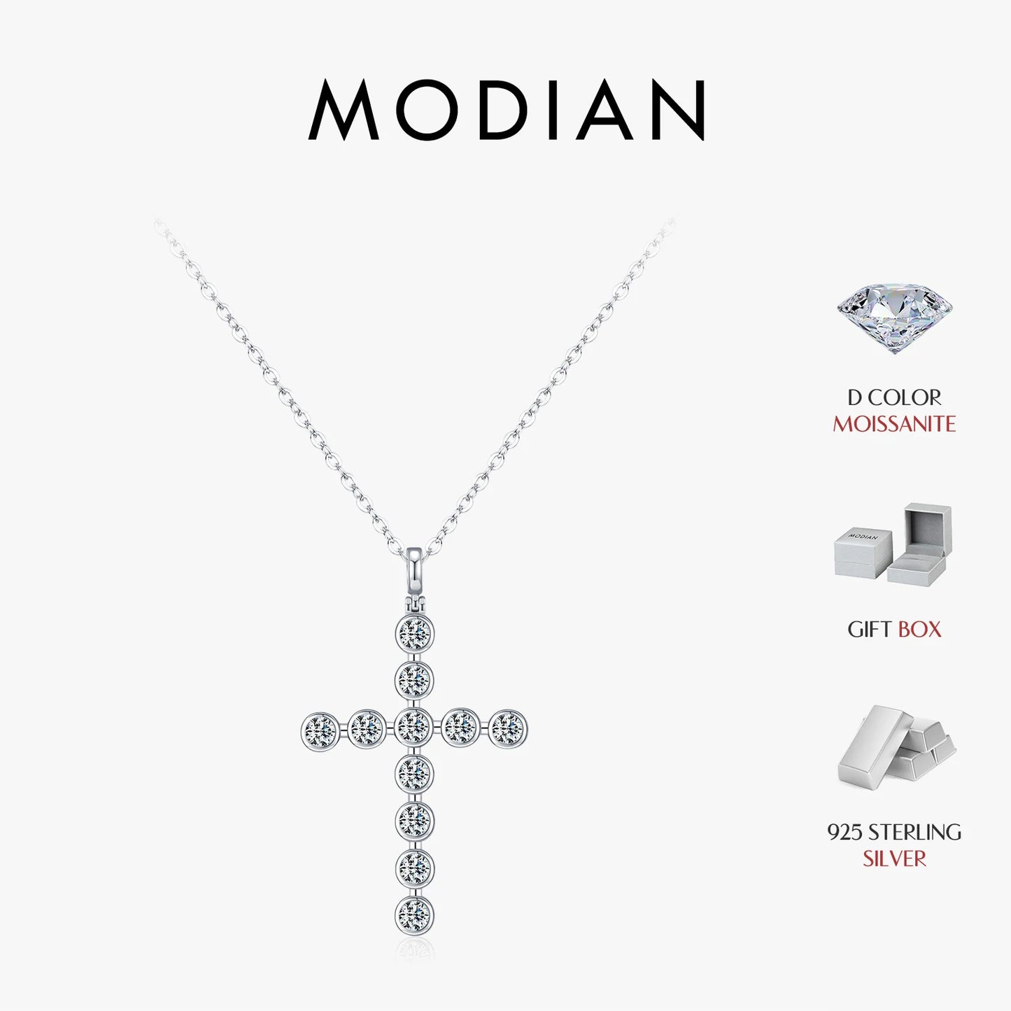 Collar con colgante clásico de lujo de plata de ley 925 con cruz de bisel de moissanita a todo color MODIAN D para mujer, joyería fina
