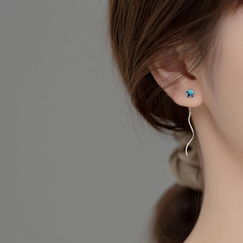 Pendientes clásicos Modian con borlas de cadena larga para mujer, plata de ley 925 auténtica, cristales azules transparentes, estrellas y luna, joyería de regalo
