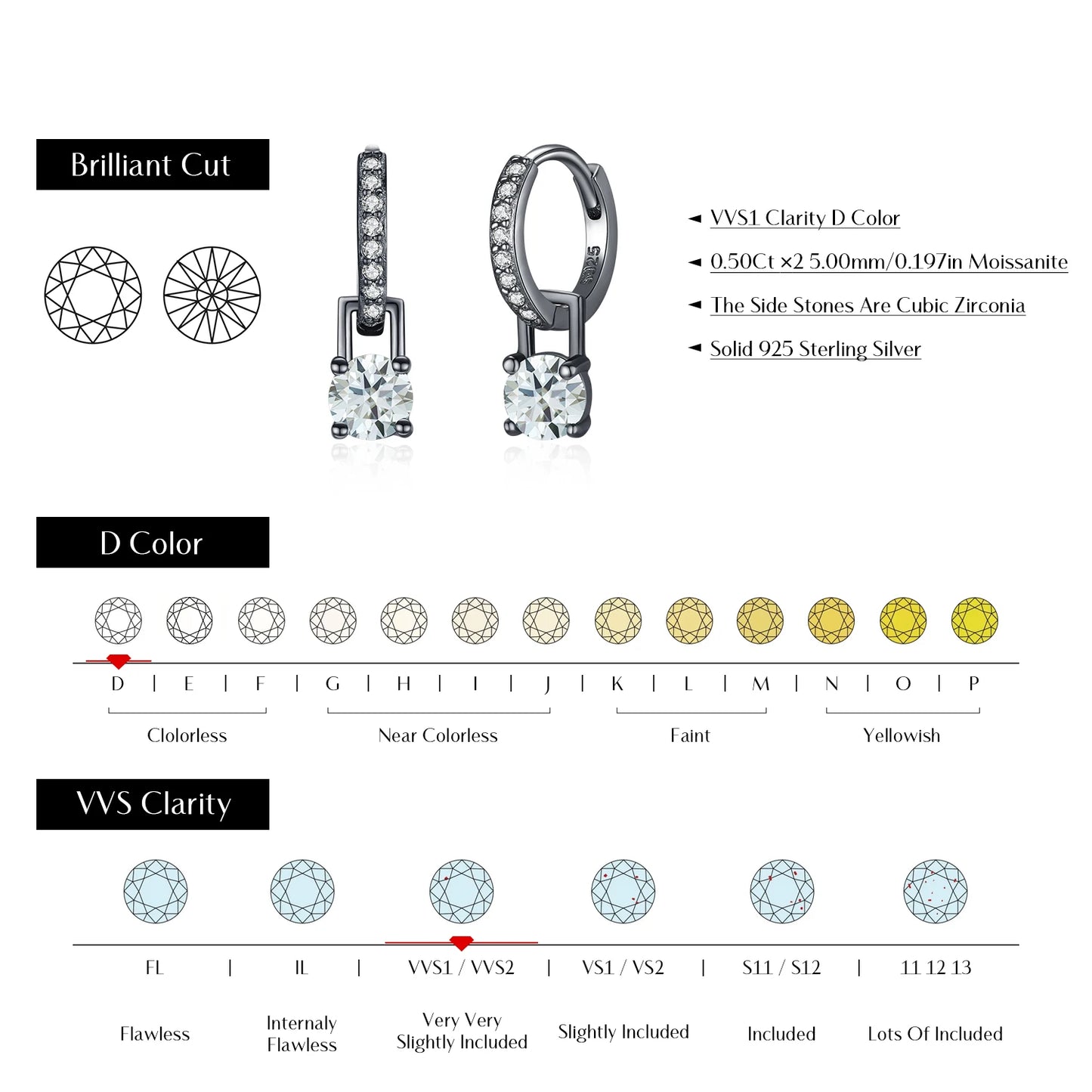 MODIAN 0.5Ct D Color Light Green Moissanite Swing Hoop Earrings 925 Sterling Silver Black Punk Ear Buckles for Women Jewelry