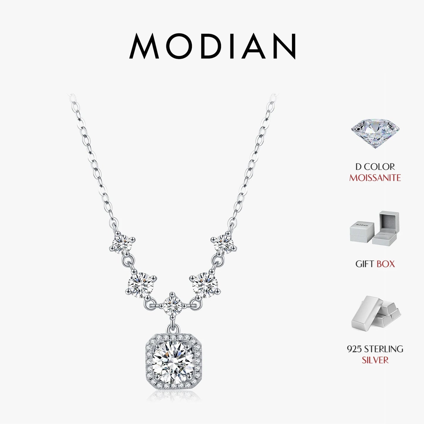 Collar MODIAN de moissanita de 1 quilates en color D, colgante de halo de lujo en plata de ley 925 para mujer, joyería nupcial para boda.