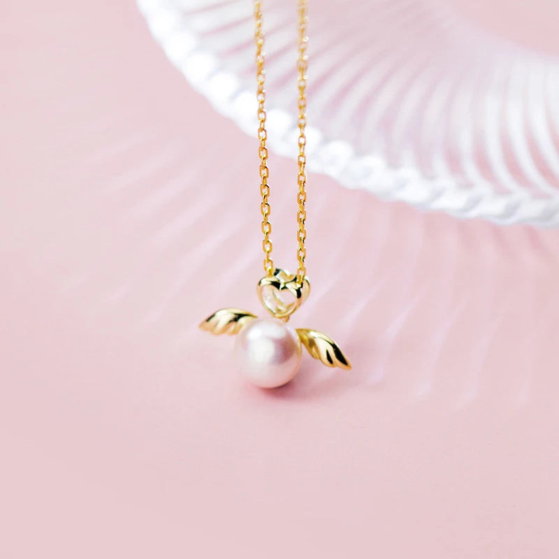 Colgante elegante de alas de ángel de plata de ley 925 con forma de corazón y perla natural de Modian para mujer, joyería fina.