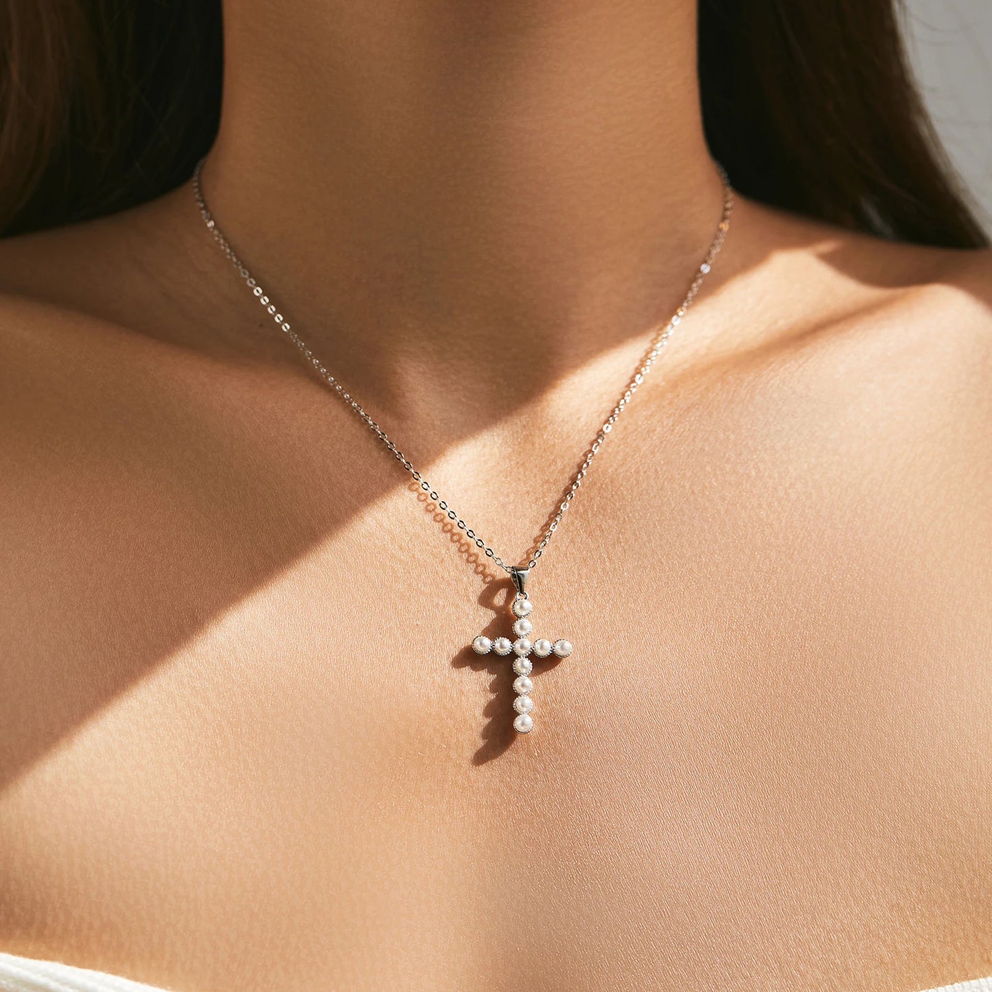 MODIAN 925 Sterling Silver Fancy Elegant Simulated Pearls Cross Pendant Necklace For Women Anniversary Fine Jewelry Gifts
