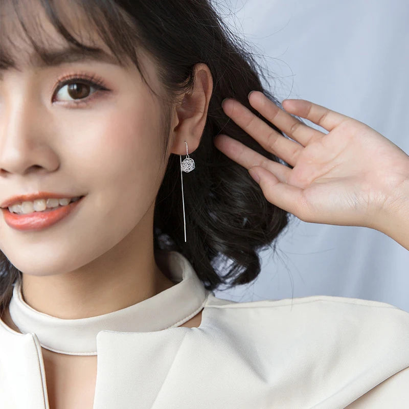 Pendientes de bola de cadena larga con diseño único minimalista de Modian para mujer, pendientes colgantes de plata de ley 925, joyería coreana para orejas caídas.