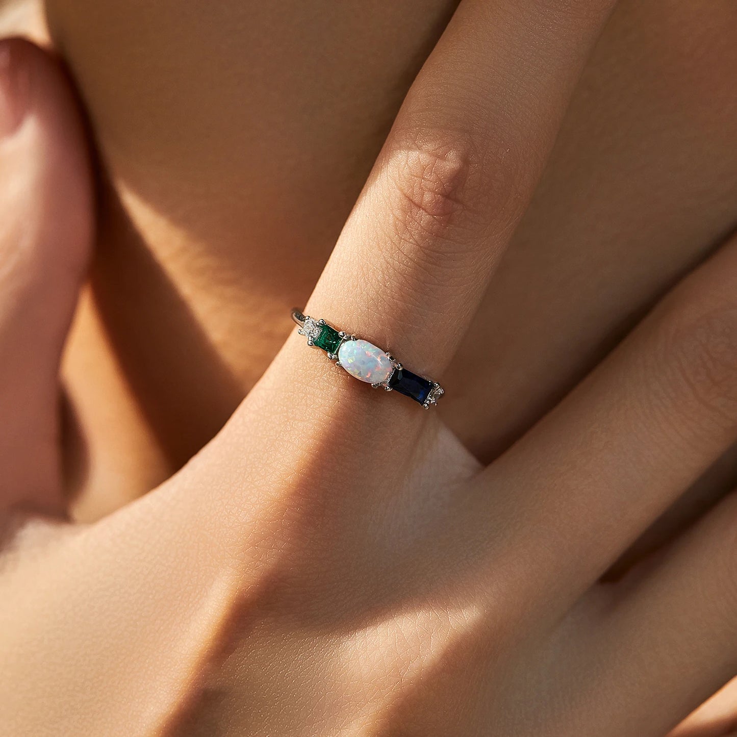 Anillo de lujo MODIAN de plata de ley 925 con ópalo y circonitas de colores, chapado en platino, apilable, moderno, para mujer