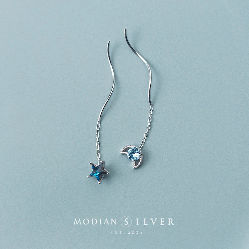 Pendientes clásicos Modian con borlas de cadena larga para mujer, plata de ley 925 auténtica, cristales azules transparentes, estrellas y luna, joyería de regalo