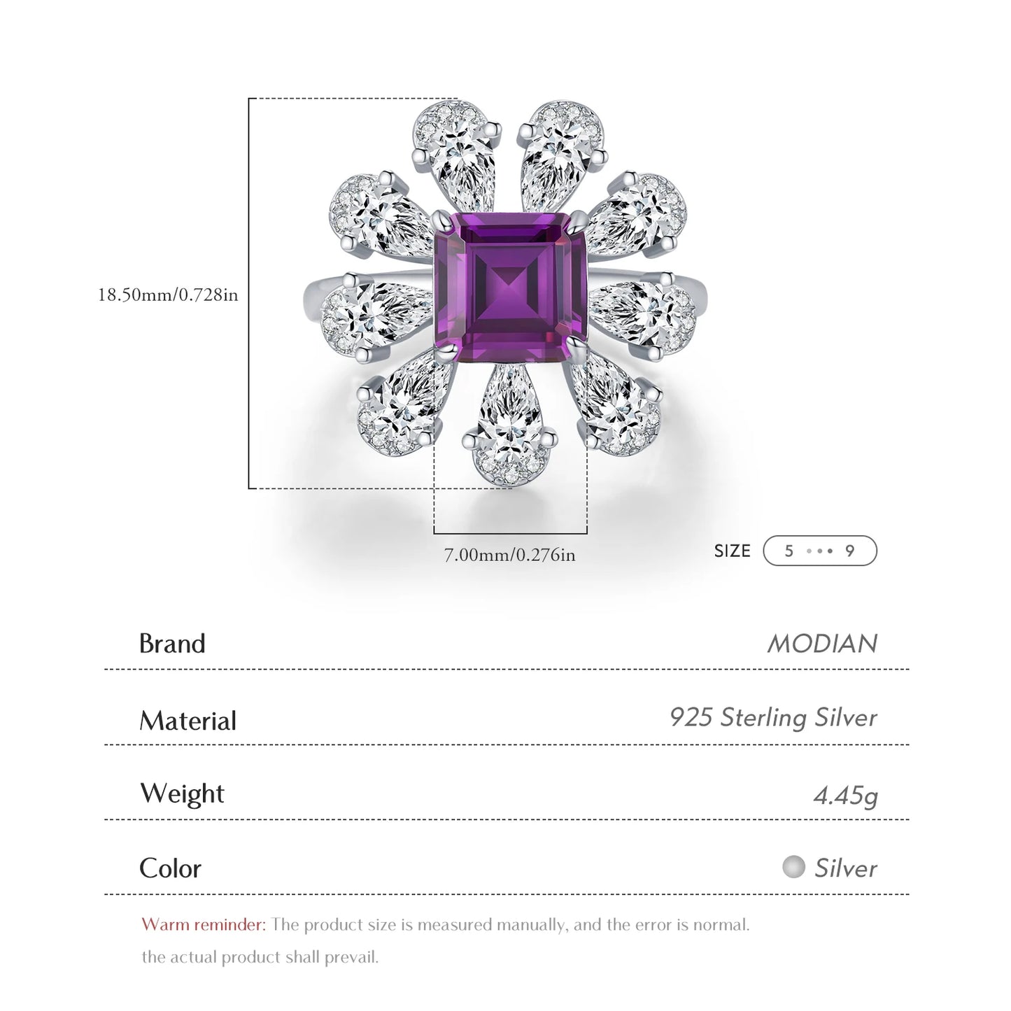 MODIAN 925 Sterling Silver Luxury Ascher Cut Violet Color Flower Zirconia Finger Rings For Women Party Fine Jewelry
