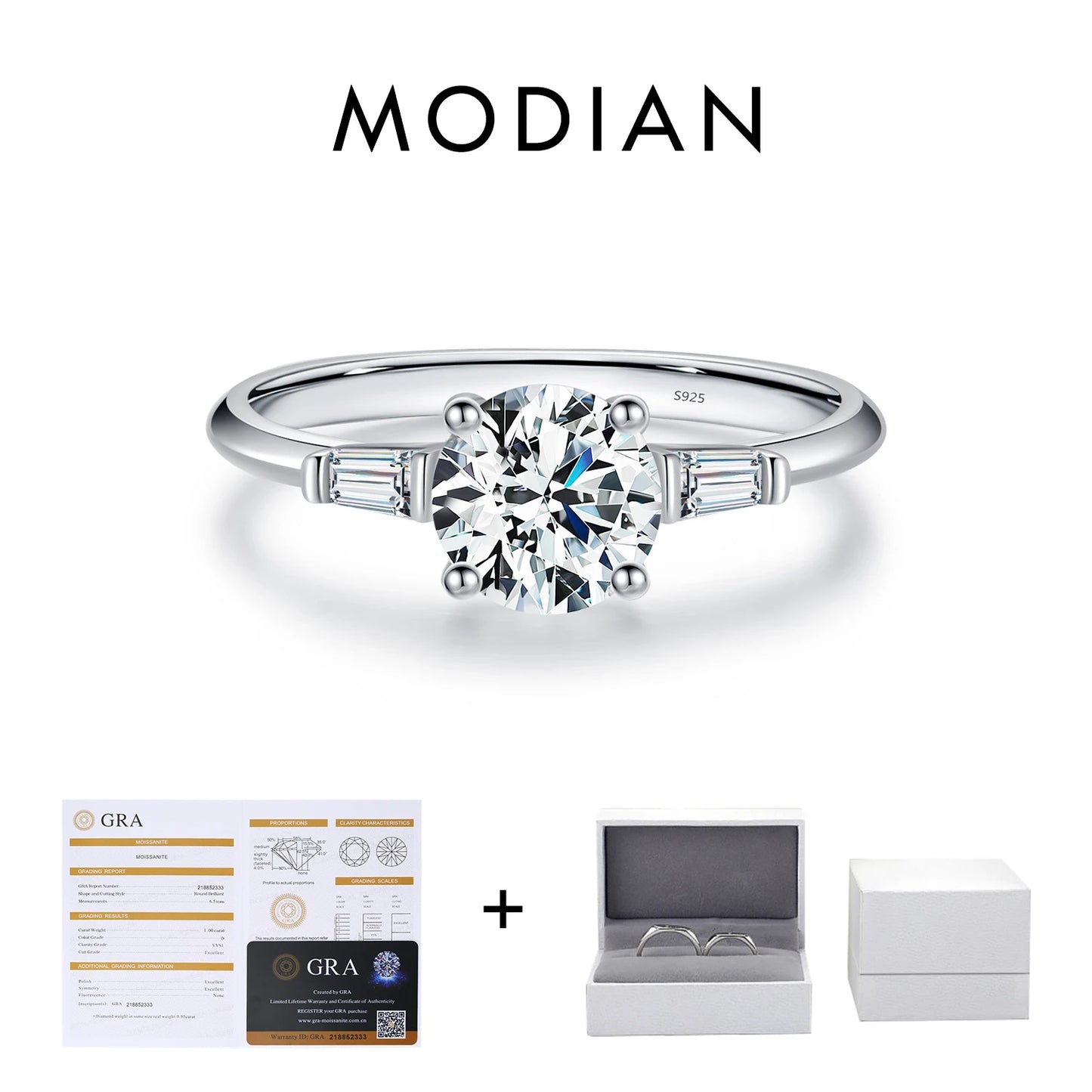 Anillo de moissanita redonda MODIAN de 1,0 quilates con diamante de laboratorio de color D, clásico, de plata de ley 925, para boda, compromiso, joyería para mujer