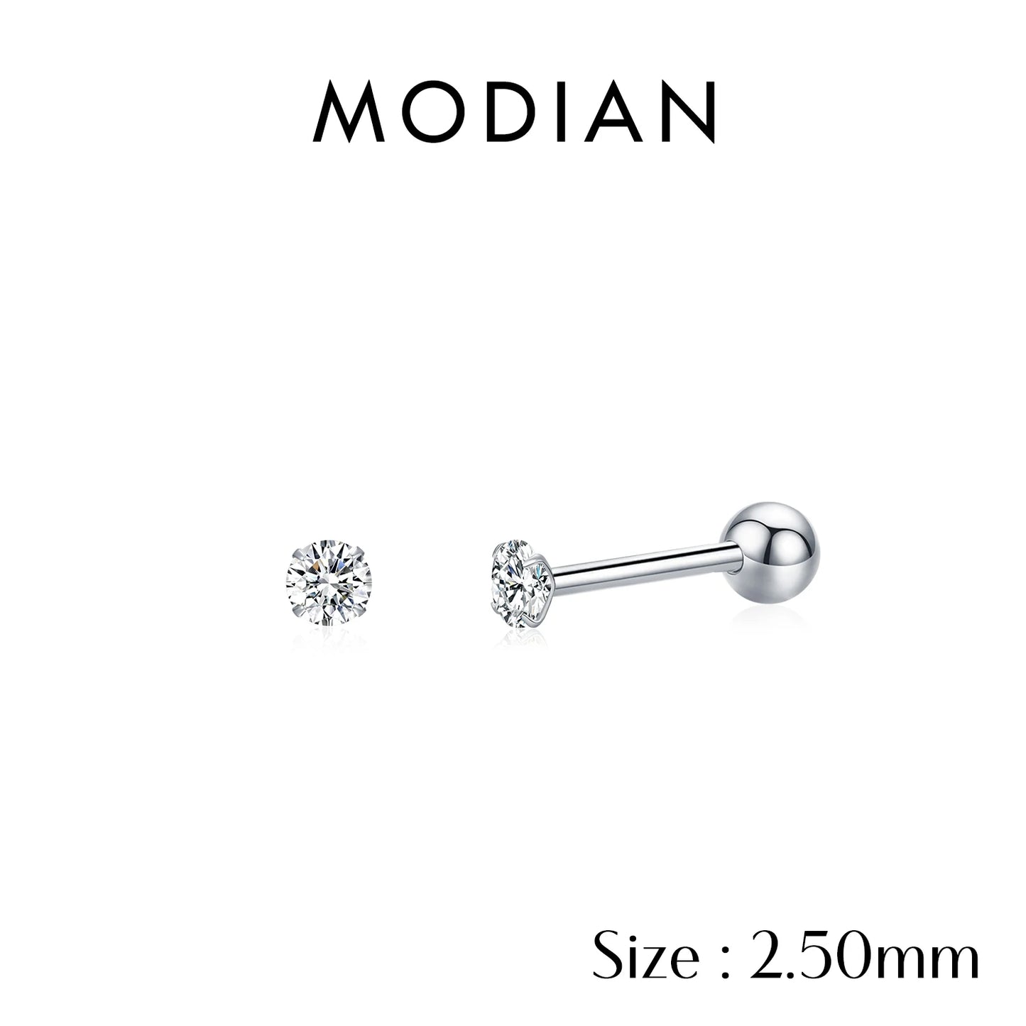 MODIAN Multicolor 925 Sterling Silver Elegant Beads Screw Earrings Classic Round CZ Stud Earrings For Women Jewelry 2.5MM-8MM