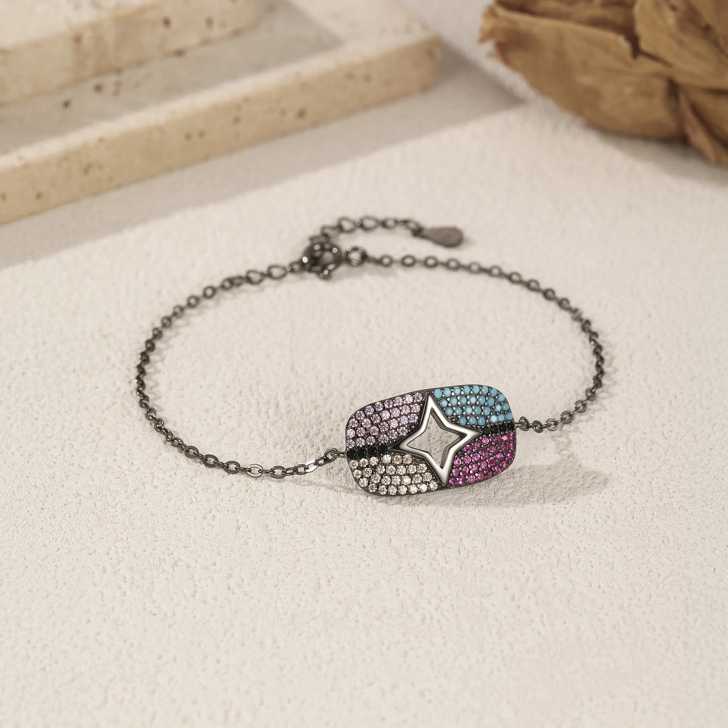 MODIAN 925 Sterling Silver Black Colorful Zirconia & Turquoise Geometric Stars Bracelet For Women Fine Stackable Jewelry