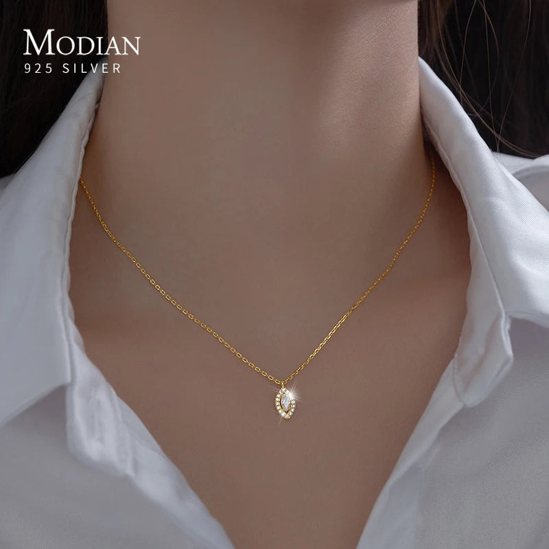 Collar de ojos exquisitos de MODIAN, nueva moda, auténtica plata de ley 925, cadena de eslabones de circonita cúbica transparente brillante, regalo para mujer, joyería fina