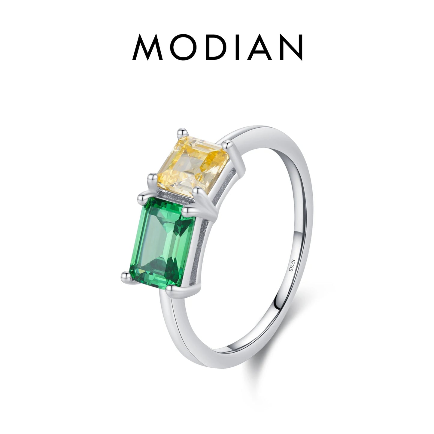 Anillo apilable MODIAN de plata de ley 925 con circonitas de colores y corte esmeralda. Joyería fina y brillante para mujer, regalo de San Valentín.