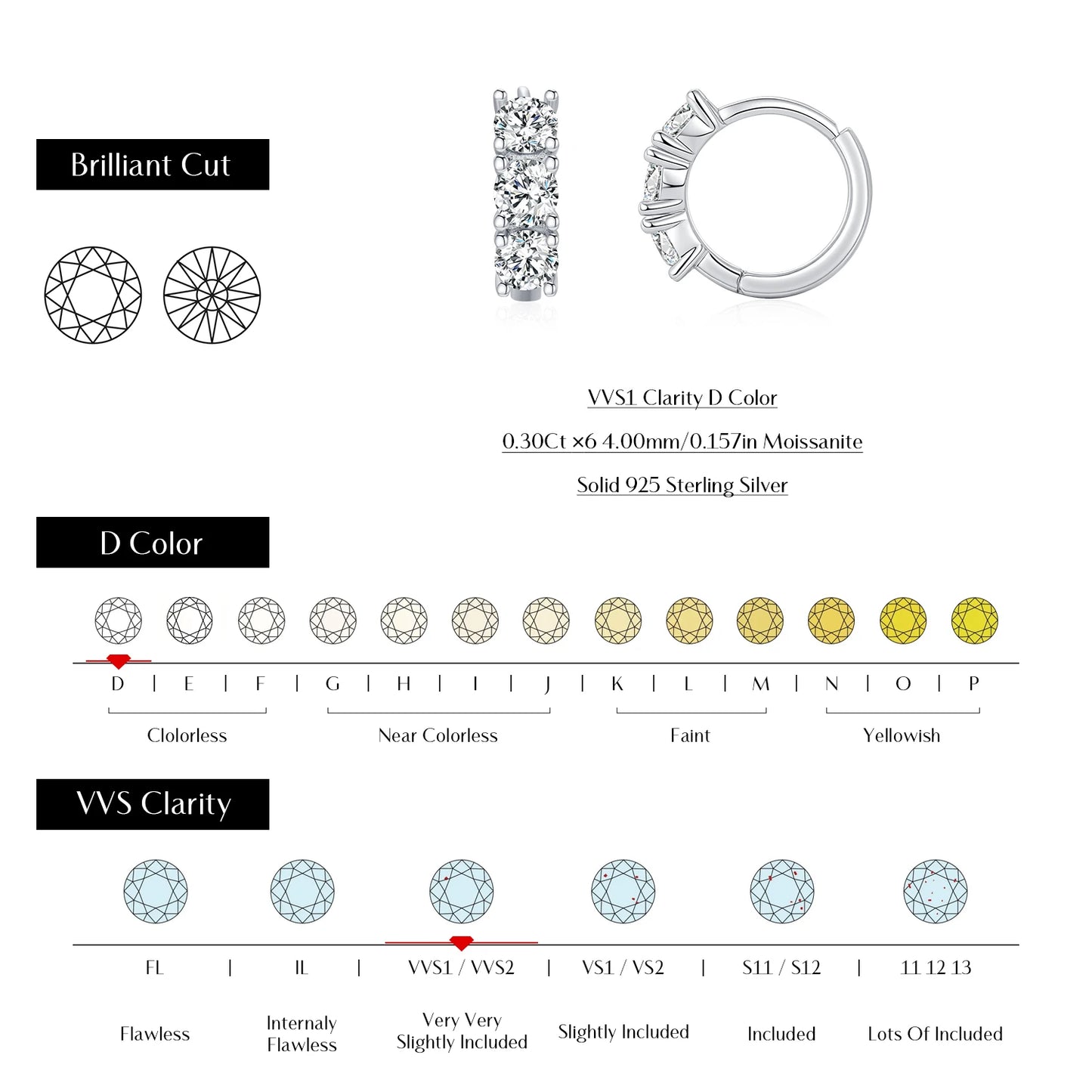 Pendientes de aro MODIAN D Color Moissanite Classic Ear Buckle Plata de ley 925 Modernos y Apilables para Mujer, Joyería Fina