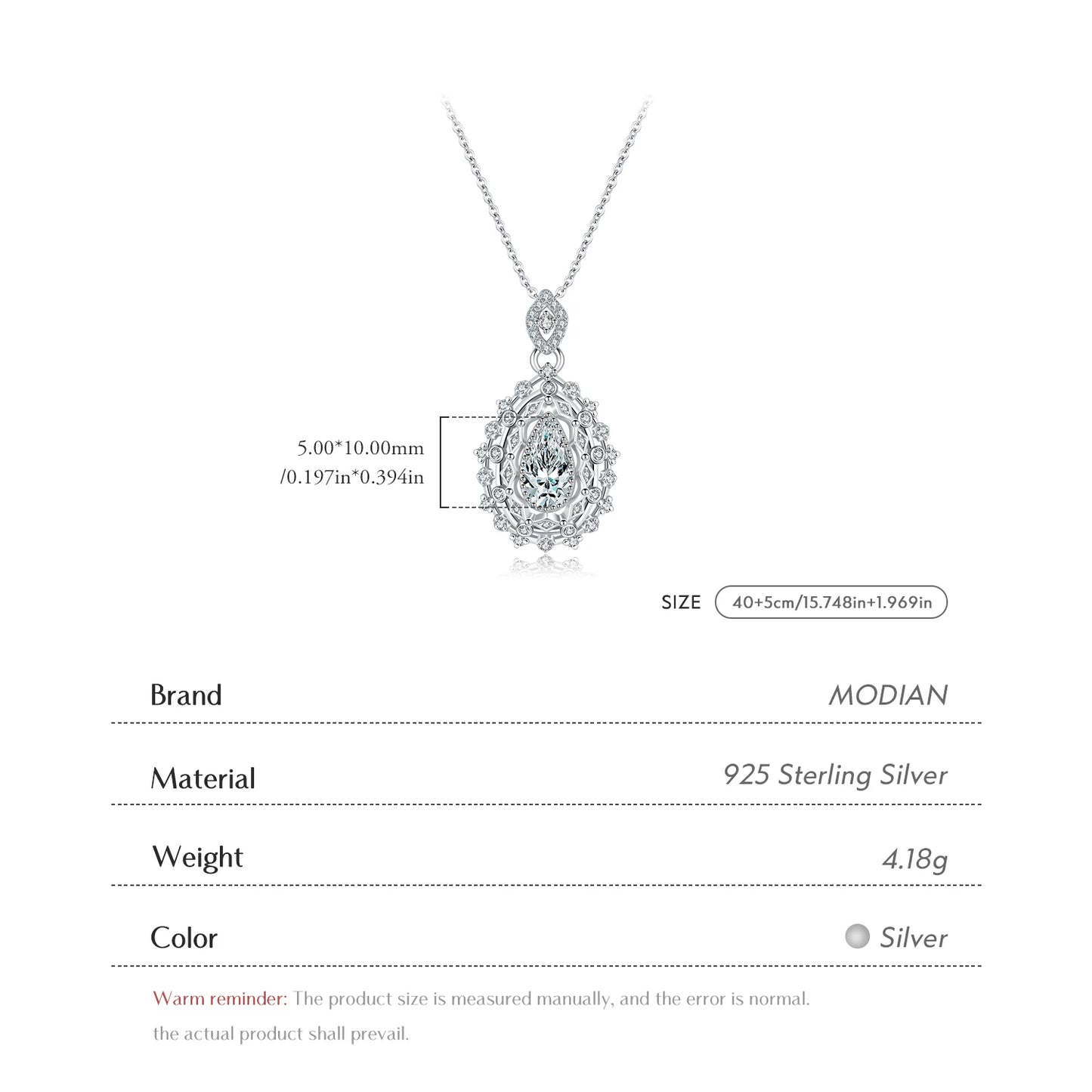 MODIAN 925 Sterling Silver Luxury Water Drop Dazzling CZ Link Chain Pendant Necklace For Women Wedding Statement Jewelry Gifts