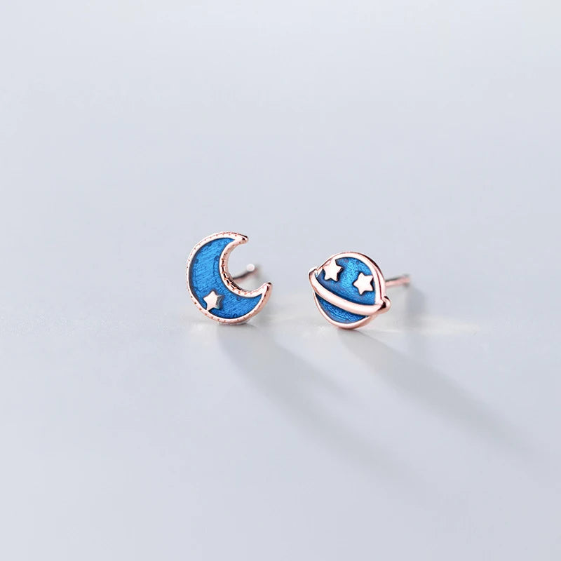 Pendientes de plata de ley 925 con diseño de estrella y luna esmaltados de Modian, con diseño de galaxia azul y planeta, para mujer, ideal como joyería de fiesta o para bodas.