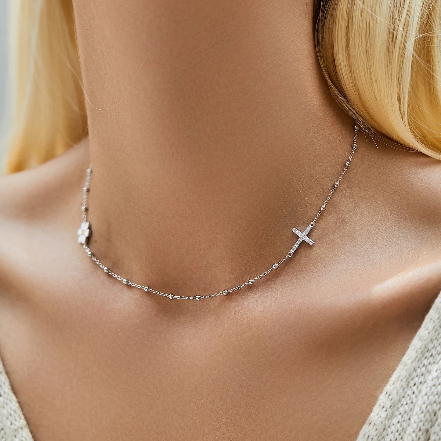 MODIAN 925 Sterling Silver Classic Daisy & Cross Dazzling Choker Pendant Necklace Dainty Beads Link Chain For Women Jewelry