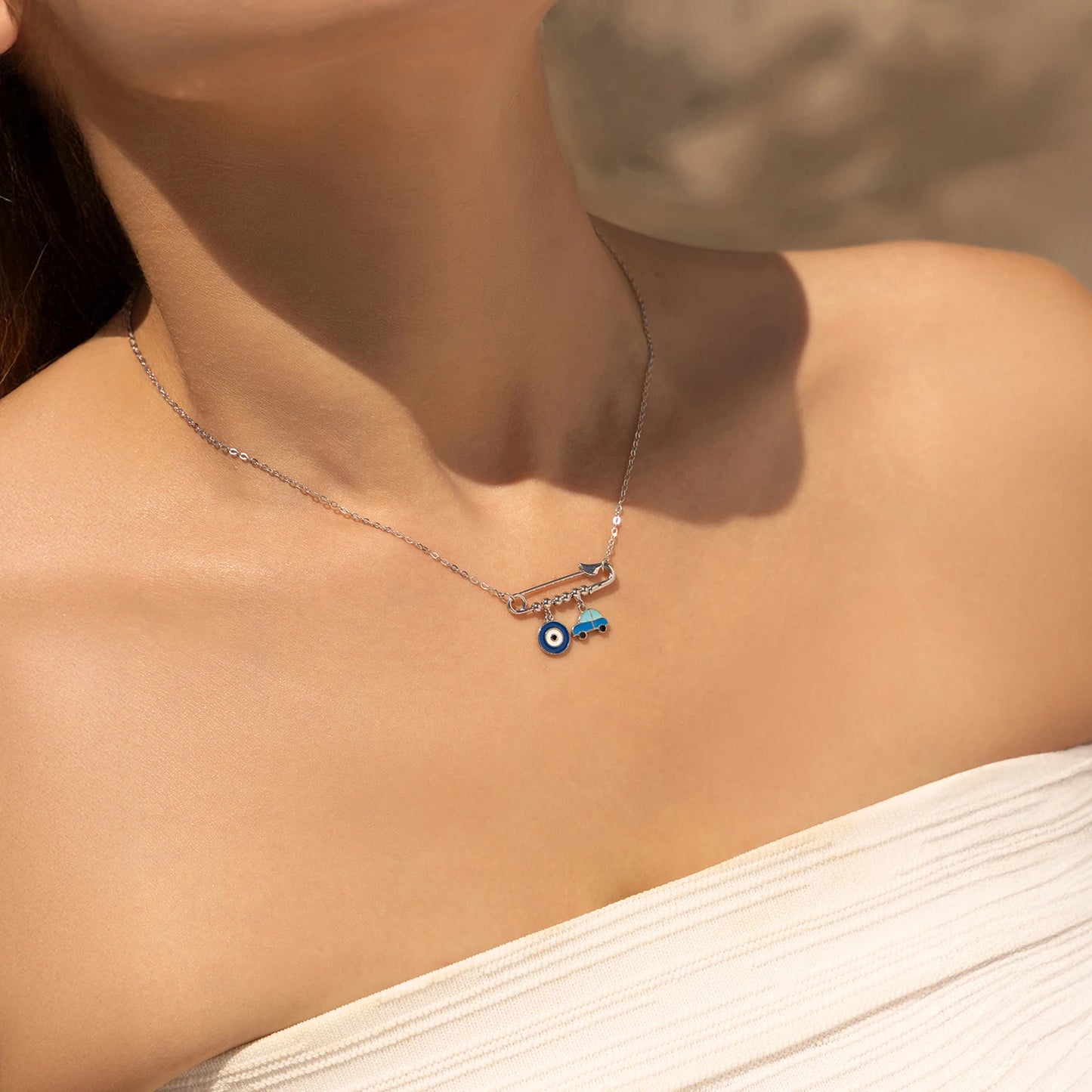 MODIAN 925 Sterling Silver Original Pin Pendant Necklace Fashion Blue Enamel Eyes & Car Necklaces For Women Fine Jewelry