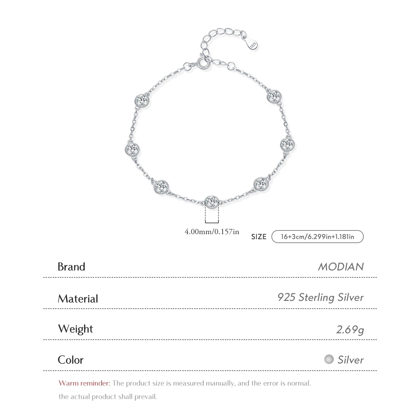 MODIAN 925 Sterling Silver Bezel Round Sparkling Clear Cubic Zirconia Stackable Charm Fashion Bracelet For Women Fine Jewelry