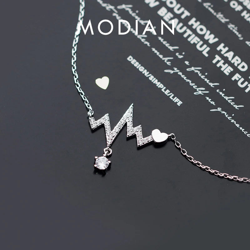 Modian Hot Sale 925 Sterling Silve Shiny Zircon Romantic Geometric Heartbeat Pendant Necklace for Women Fine Jewelry