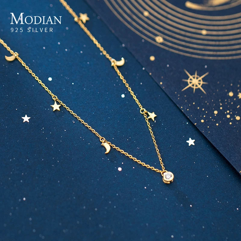 Modian 925 Sterling Silver Star And Moon Chain Sparkling Starry Link Chain Pendant Necklaces For Women Prevent Allergy Jewelry