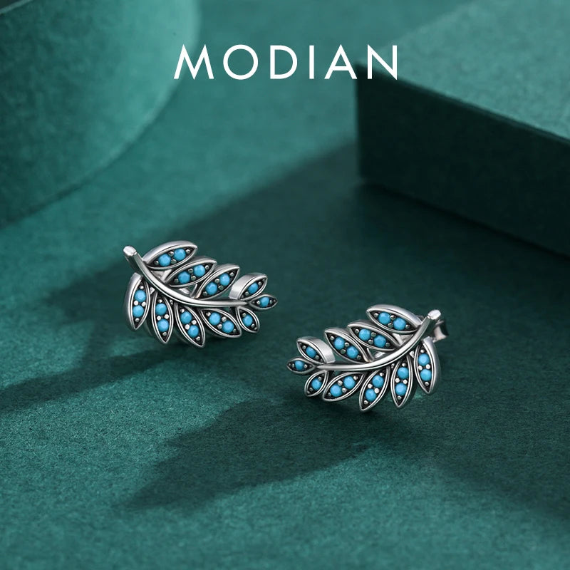 Pendientes MODIAN de plata de ley 925 con forma de hoja vintage, de lujo, con turquesa natural, para mujer, regalo de aniversario, joyería fina.