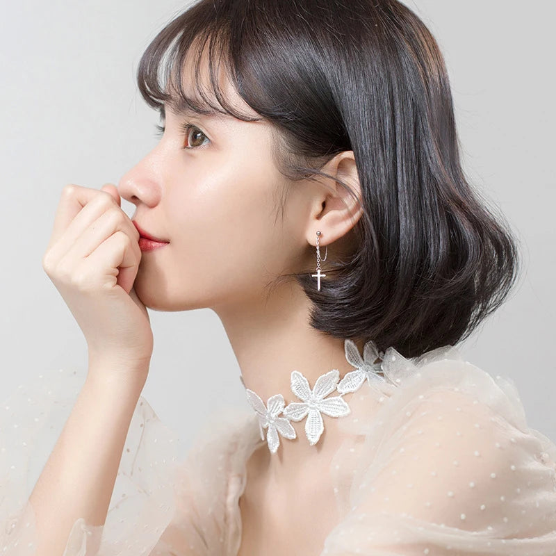 Modian Fashion Long Tassel Cross Drop Earrings Elegant Charm 925 Sterling Silver Swing Dangle Ear For Women Bead S925 Jewelry