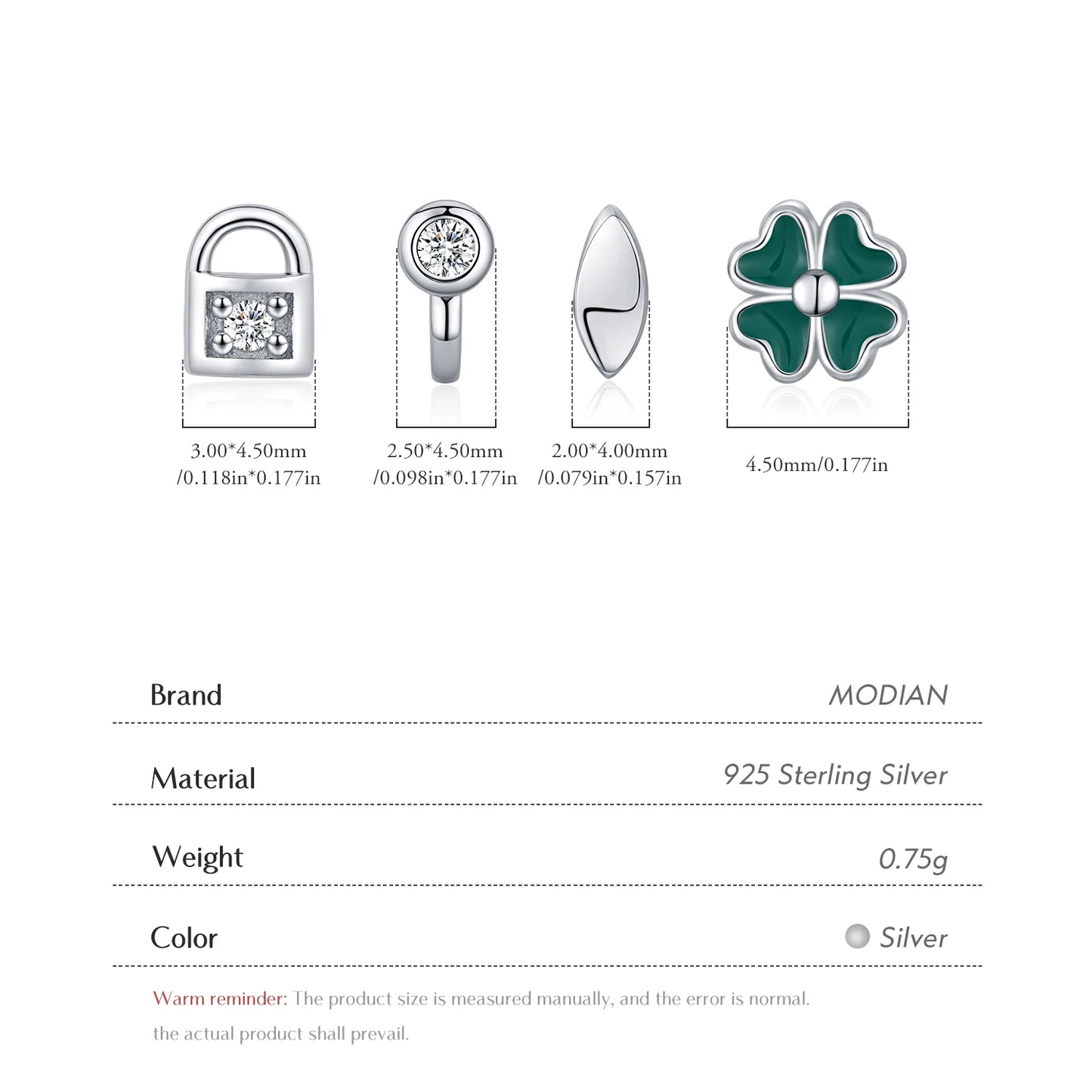 MODIAN 4PCS Tiny Earrings 925 Sterling Silver Lock & Key And Four Leaf Clover Fashion Stackable Stud Earrings For Women Jewelry