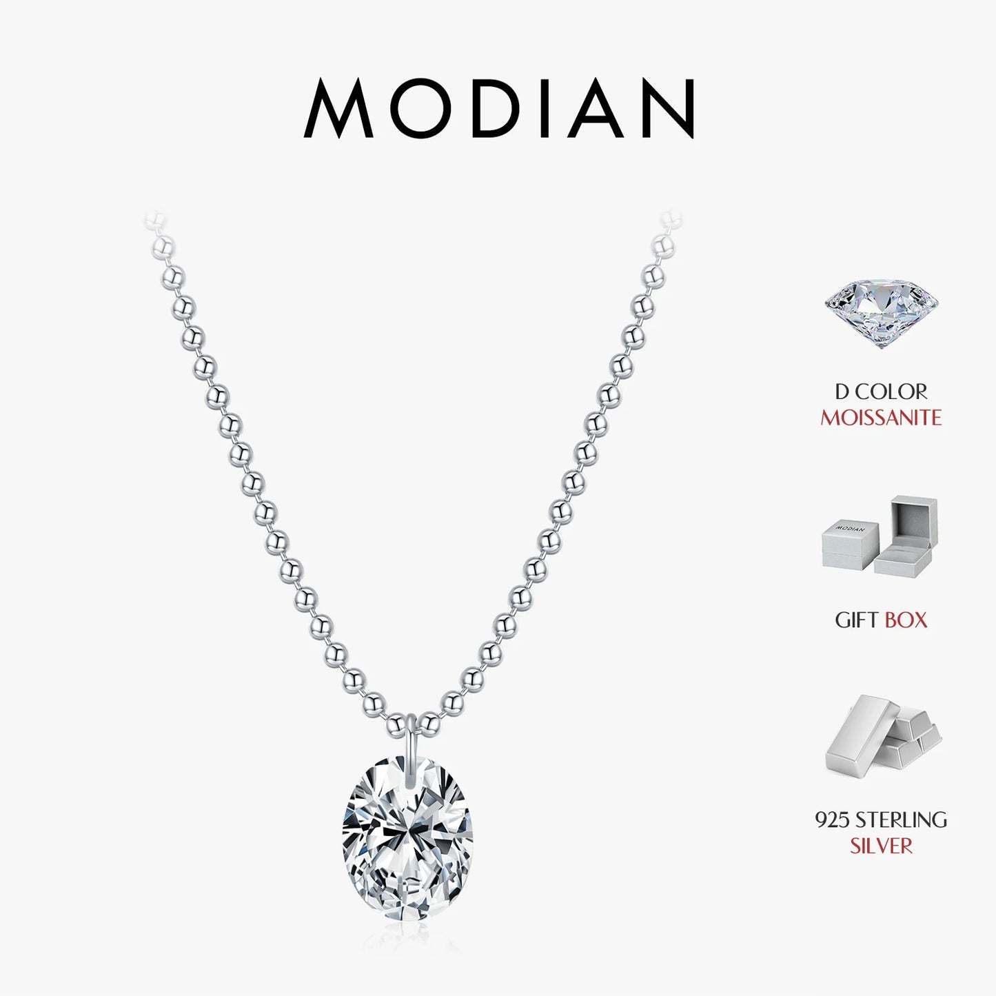 Colgante de moissanita ovalada de 1,5 quilates de MODIAN, cadena de cuentas sencillas de plata de ley 925, collar para mujer, joyería fina de uso diario.