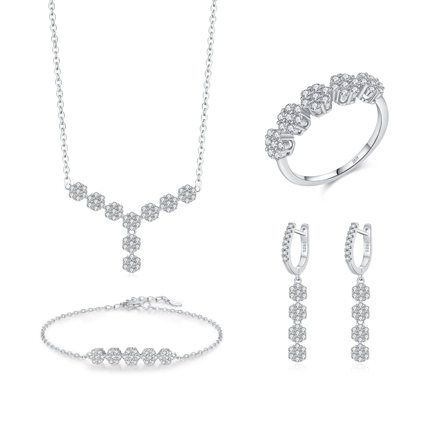 MODIAN 925 Sterling Silver Flowers Pendant Necklace & Bracelet & Dangle Earrings & Rings For Women Wedding Jewelry Sets