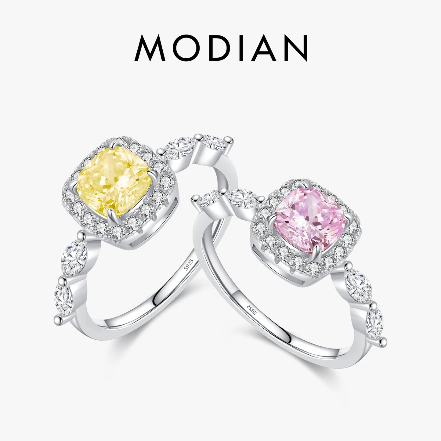 Anillo MODIAN de plata de ley 925 con circonitas rosas y amarillas de alta calidad para mujer, ideal para bodas, joyería fina.