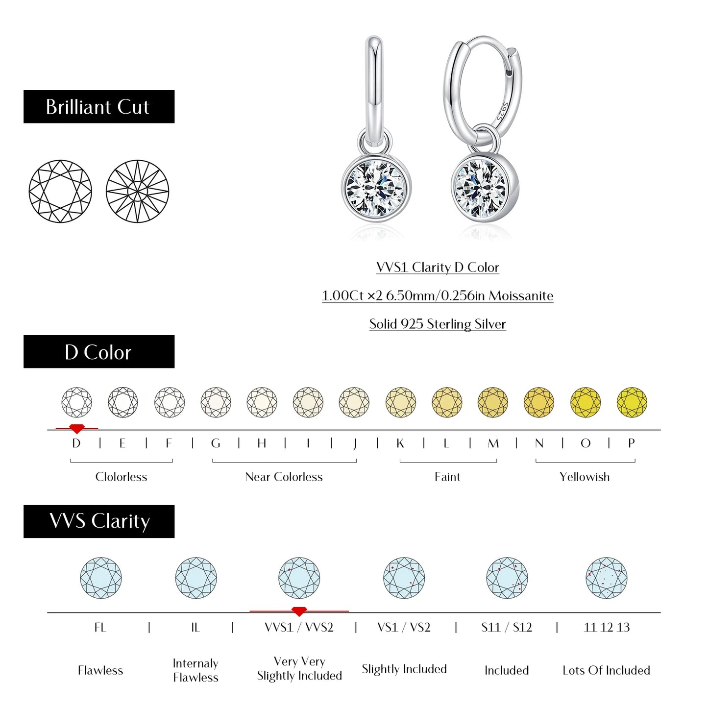Pendientes de aro MODIAN de moissanita de color D de 1CT/2CT con hebilla de oreja de plata de ley 925, redondos y altos, para mujer, joyería fina de uso diario.