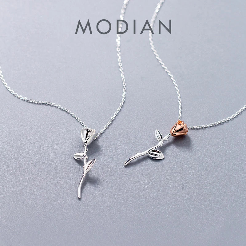 Modian Romantic 925 Sterling Silver Rose Flower Pattern Short Chain Necklace for Women Rose Gold Color Charm Luxury Fine Jewelry
