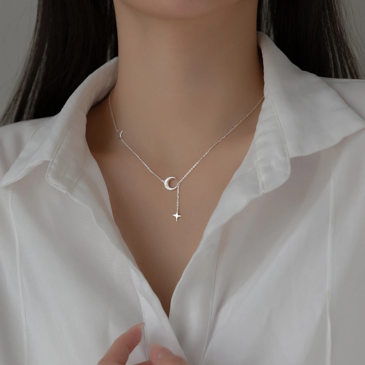 Collar con colgante de luna y estrella de MODIAN en plata de ley 925 para mujer, gargantilla sencilla con cadena de estrellas chapada en platino, regalo de joyería
