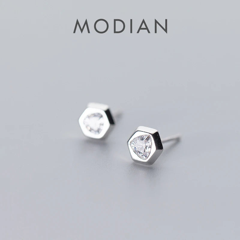 Pendientes Modian con forma hexagonal y circonita cúbica transparente para mujer, 100 % plata de ley 925 auténtica, estilo minimalista, joyería antialérgica.