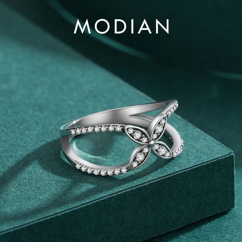 Anillo de mariposa elegante de MODIAN en plata de ley 925 auténtica para mujer, anillo de flor de planta, joyería fina, regalo de aniversario de boda