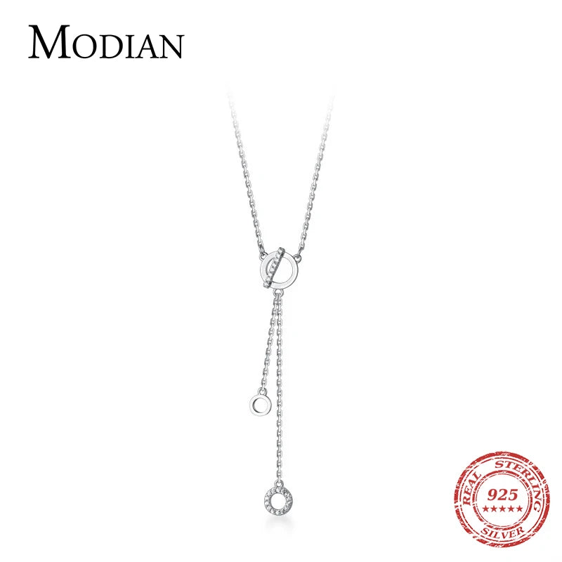 Collar con colgante de cadena de eslabones de circonita transparente redonda de plata esterlina 925 auténtica de Modian, collar de plata de moda para mujer, joyería fina.