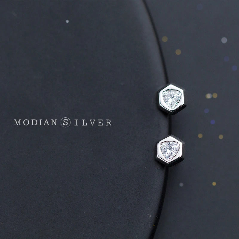 Pendientes Modian con forma hexagonal y circonita cúbica transparente para mujer, 100 % plata de ley 925 auténtica, estilo minimalista, joyería antialérgica.
