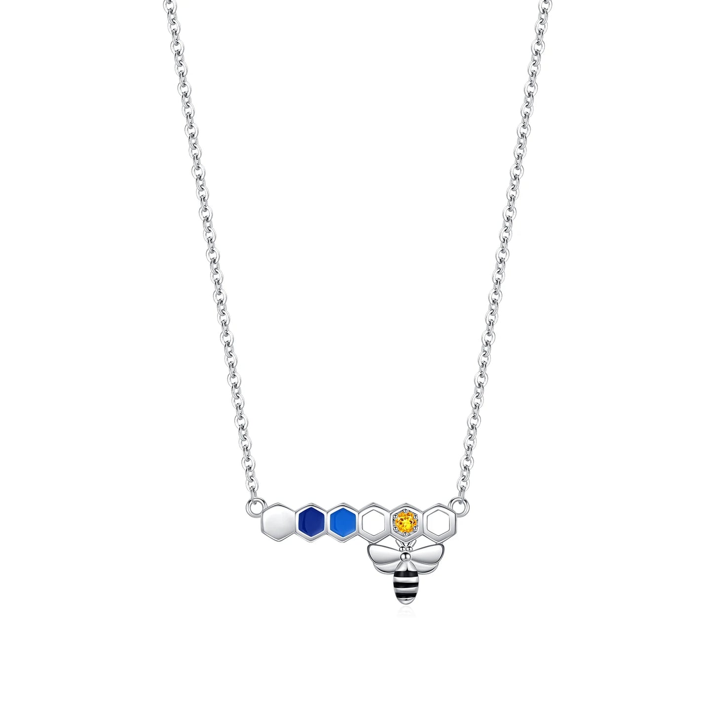 MODIAN 925 Sterling Silver Original Cute Colorful Enamel Honeycomb Bee Pendant Necklace Link Chain CZ Necklace For Women Jewelry